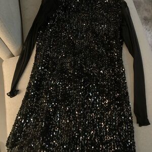 Black Sequin Dress with Sheer Sleeves